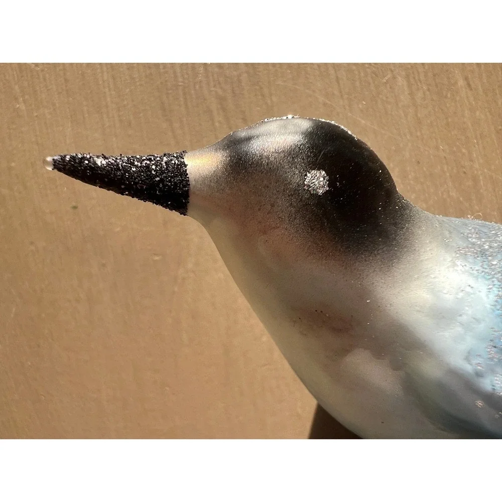 Inge-Glas Forest Finch Glass Ornament Silver Blue Clip-On Germany 34-718